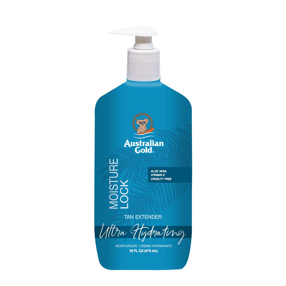 Australian Gold Moisture Lock Tan Extender bottle promotes long lasting tan and hydration.