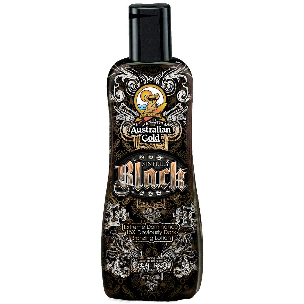 Australian Gold Sinfully Black 15x bottle-front highlighting deep bronzing potential.