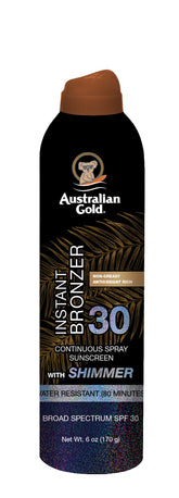 Australian Gold SPF30 continuous spray bottle shows bronzer for sun-kissed glow outdoors