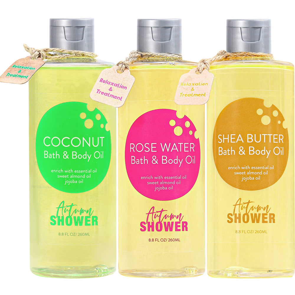 Autumn Shower bath oil set with three bottles for indulgent spa like baths