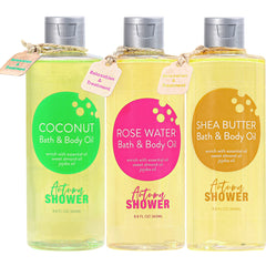 Autumn Shower bath oil set with three bottles for indulgent spa like baths
