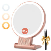 Auxmir 1X/30X mirror with light, front view showing dual magnification for makeup accuracy