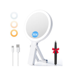 Auxmir travel makeup mirror with 30x and 1x magnification for precise grooming.