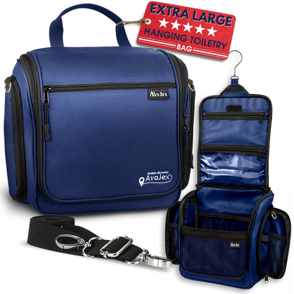 AvaJex extra-large hanging toiletry bag front view organized compartments for travel