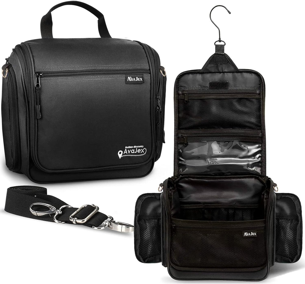 AvaJex hanging travel toiletry bag full view shows spacious storage for organized toiletries on trips.
