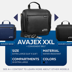 AvaJex hanging travel toiletry bag open inside reveals 19 compartments for easy item separation.