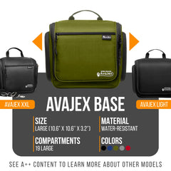AvaJex travel toiletry bag with 19 compartments for organized essentials.
