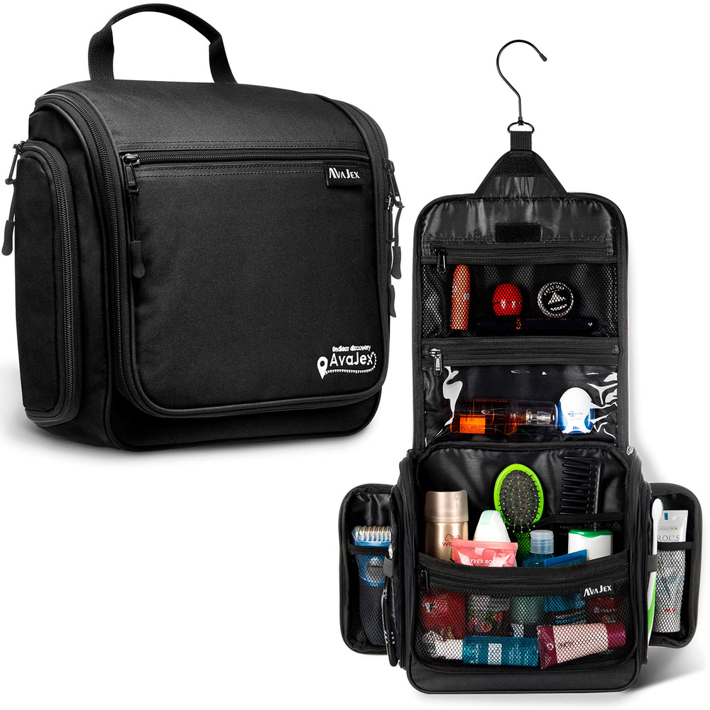 AvaJex travel toiletry bag with hanging hook for easy access on the go.