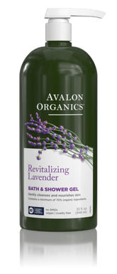 Avalon Organics Revitalizing Lavender bottle, calming shower experience with lavender scent.