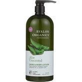 Avalon Organics unscented aloe lotion bottle delivers deep hydration for dry skin.