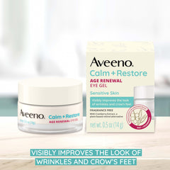 Aveeno Calm + Restore Eye Gel cranberry extract label highlights gentle plant-based retinol alternative.