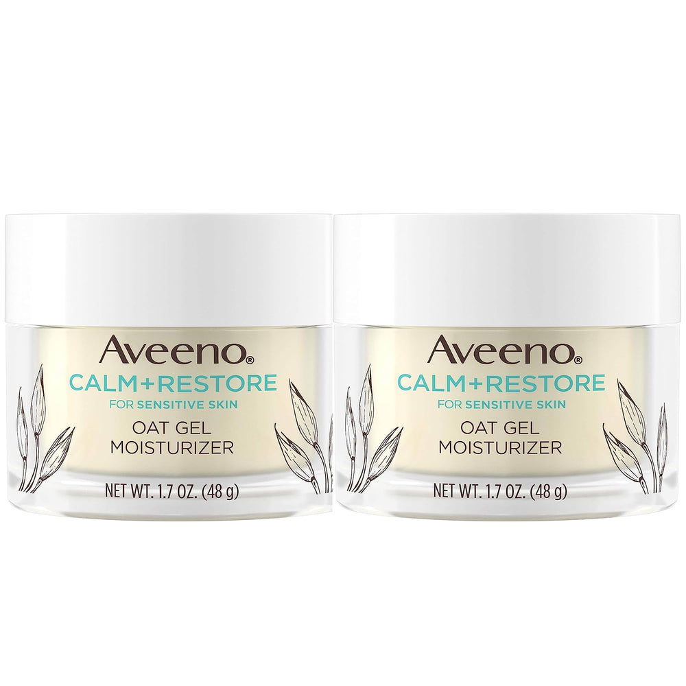 Aveeno Calm + Restore oat gel moisturizer pack of two providing gentle hydration.