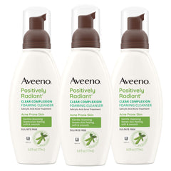 Aveeno Clear Complexion Foaming Cleanser pack of 3 bottles for breakout-prone skin.