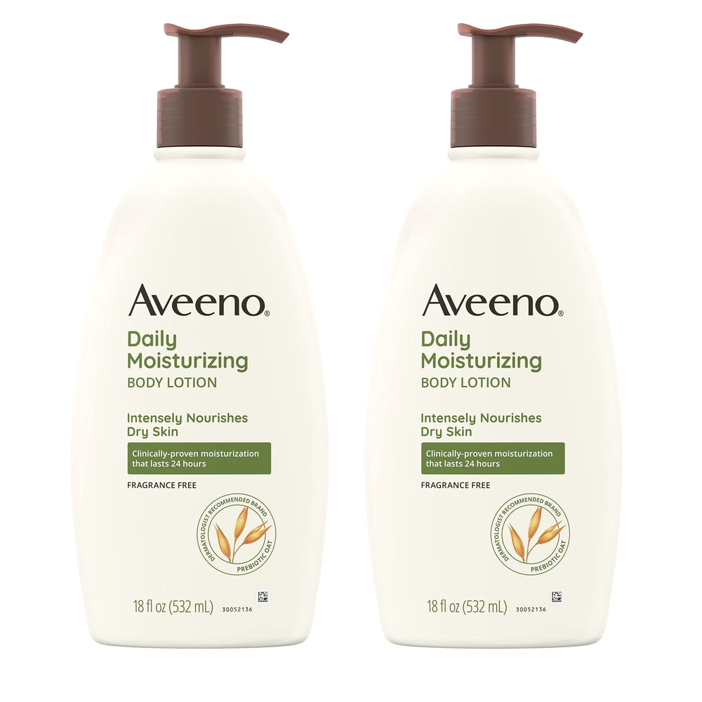 Aveeno Daily Moisturizing Lotion bottle pump two-pack for easy daily hydration.