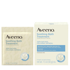 Aveeno bath treatment dissolving into warm bathwater for gentle cleansing