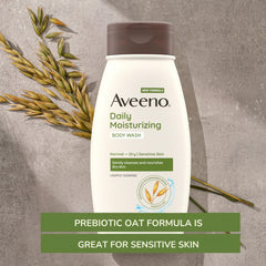 Aveeno oat prebiotic closeup emphasizes skin-friendly oats for sensitive-skin cleansing