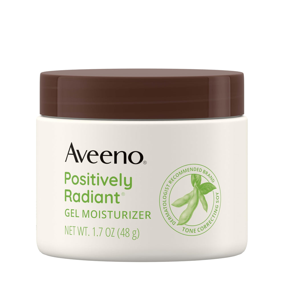 Aveeno Positively Radiant jar closeup showing hydration and even-toned skin.