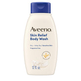 Aveeno Skin Relief, botella vertiendo sin fragancia para piel sensible.