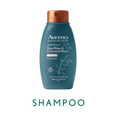 Aveeno Rosewater Chamomile shampoo bottle side showing gentle formula for sensitive skin.