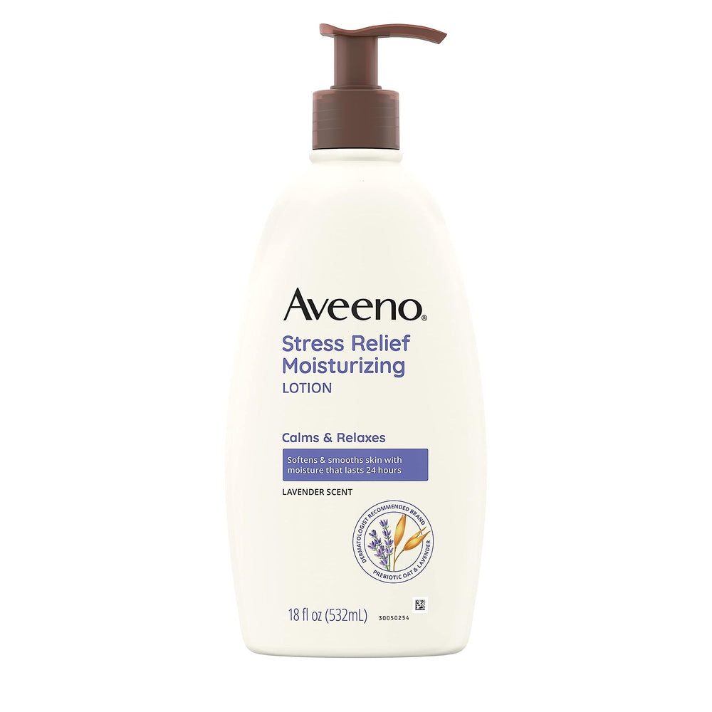 Aveeno Stress Relief Lotion lavender bottle 18oz provides calming scent and all-day moisture.