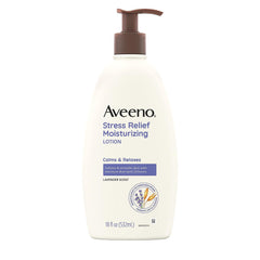 Aveeno Stress Relief Lotion lavender bottle 18oz provides calming scent and all-day moisture.