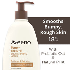 Aveeno Tone + Texture lotion bottle with pump demonstrating daily moisturization for dry, rough skin.
