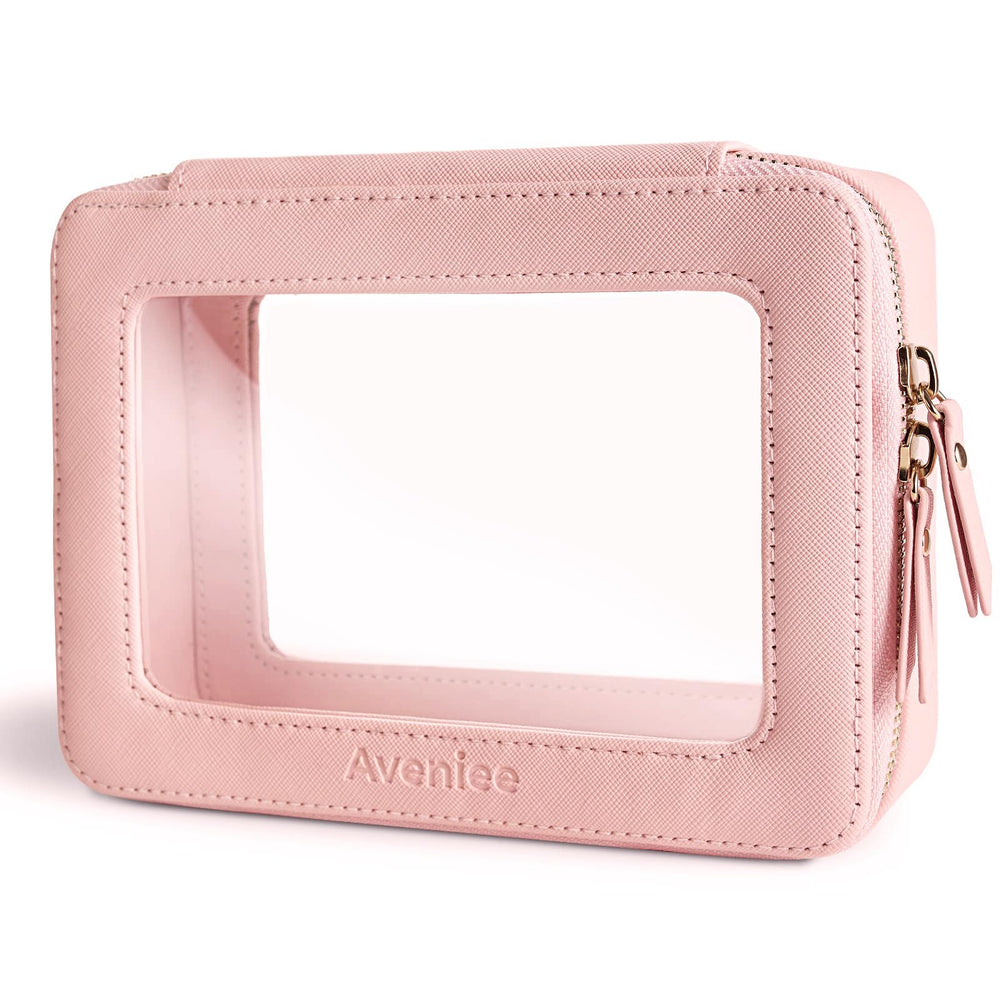 Aveniee clear makeup bag pink front view keeps cosmetics organized while traveling.