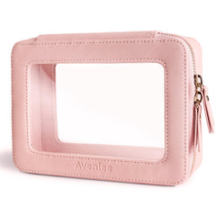 Aveniee clear makeup bag pink front view keeps cosmetics organized while traveling.
