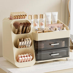 Aveniee makeup organizer cream white front view shows expansive storage for cosmetics.