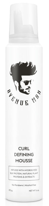 Avenue Man curl mousse bottle offers lightweight foam for defined, frizz-free curls.