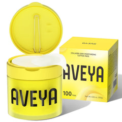 AVEYA Collagen Skin Moisturizing Pads travel compact demonstrates portable skincare solution.