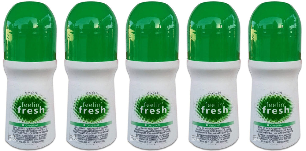 Avon's Feelin Fresh deodorant 5-pack sticks for daily freshness and odor control.
