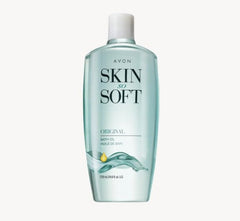 Avon Skin So Soft Original Bath Oil bottle closeup highlights jojoba-rich formula for hydrated skin.
