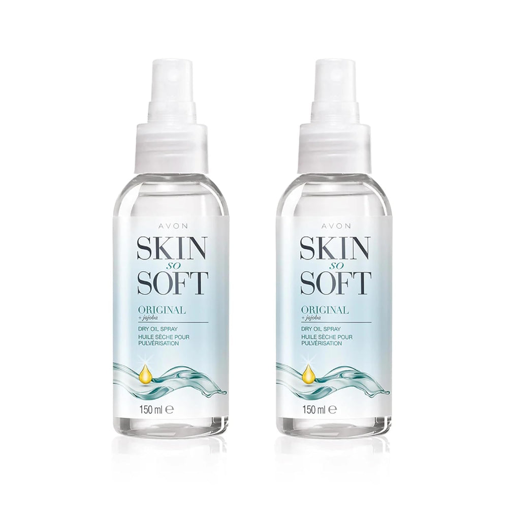 AVON Skin So Soft Original Dry Oil Spray bottle, double pack for lasting moisture and silky skin.