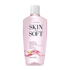 AVON Skin So Soft Soft & Sensual Bath Oil bottle close-up showing luxurious hydration for daily pampering.
