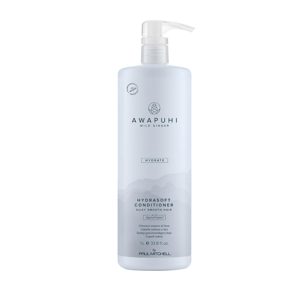 Awapuhi Wild Ginger HydraSoft conditioner bottle pour shows easy application and instant hydration.