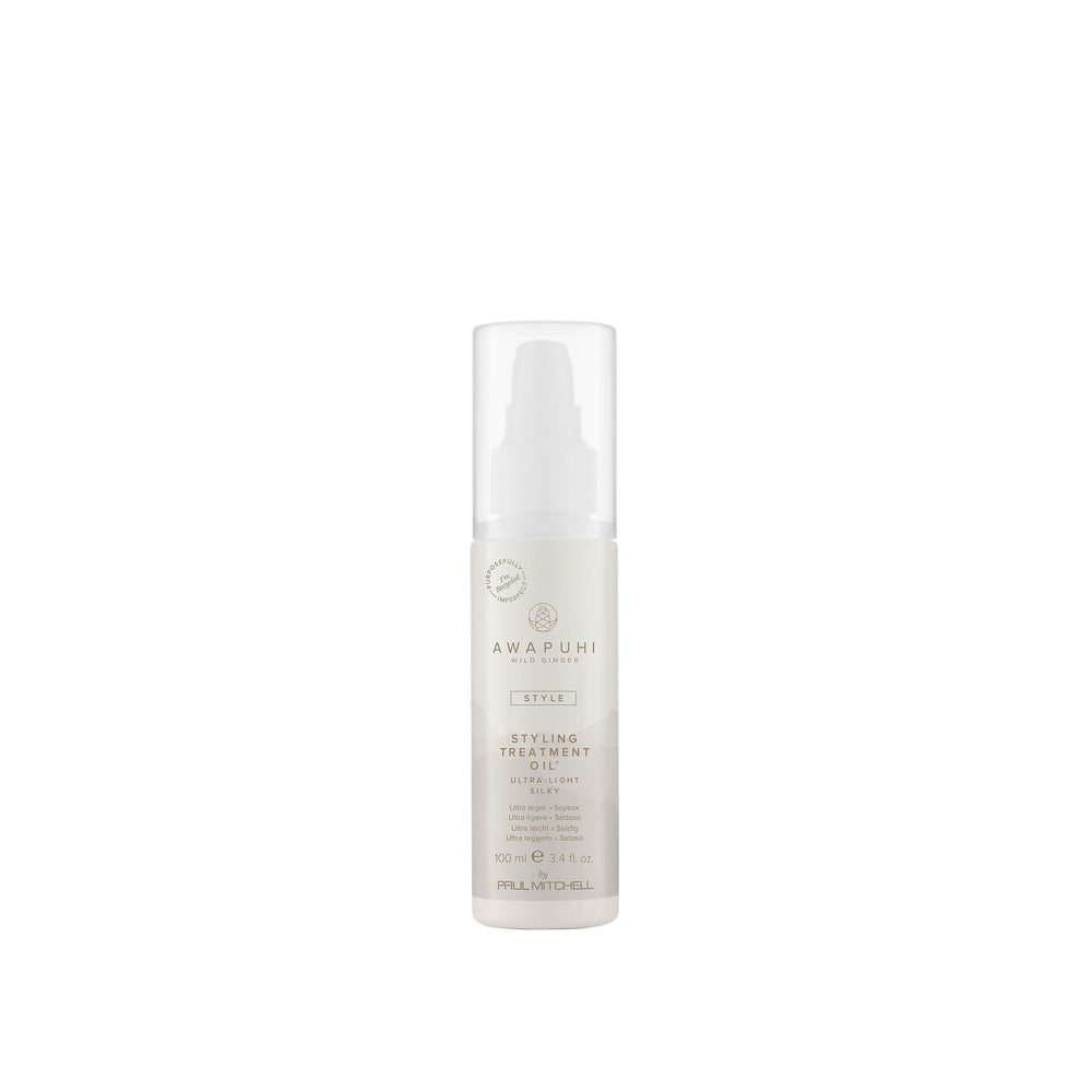Awapuhi Wild Ginger Styling Treatment Oil bottle shows lightweight, hydrating finish for all hair types.