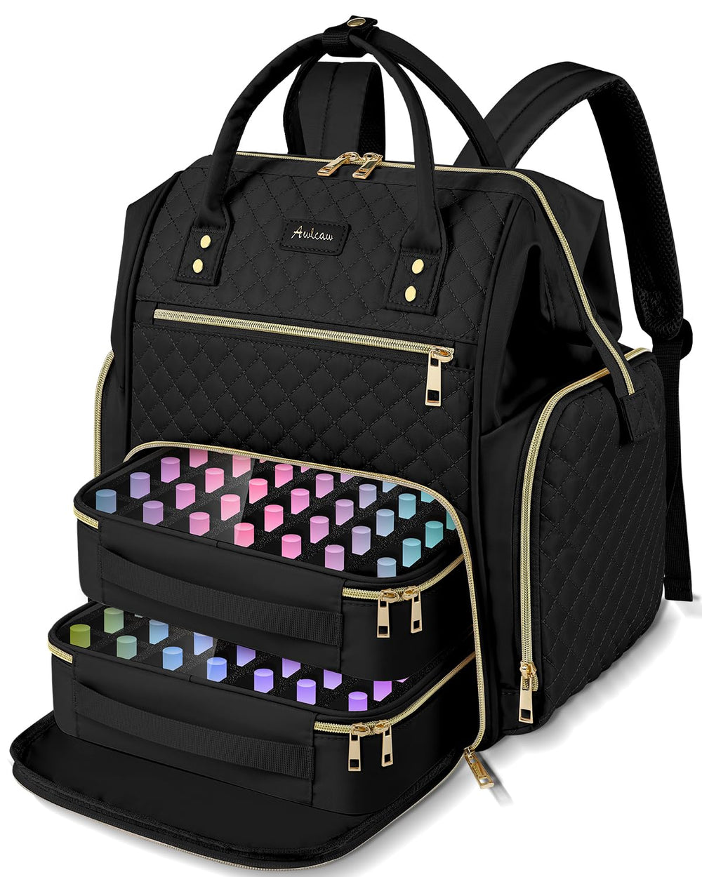 Awlcaw large nail polish organizer bag backpack open, organized storage for travel.