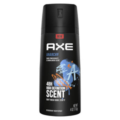 AXE Anarchy bottle close-up showing all-day scent on 4 oz can.