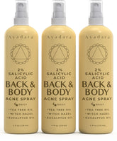 AYADARA Acne Body Spray 3-pack box highlights convenient back and body acne support.