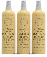 AYADARA Acne Body Spray 3-pack box highlights convenient back and body acne support.