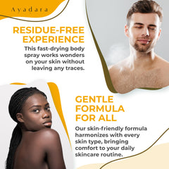 AYADARA Acne Body Spray mist on skin demonstrates even coverage and fast-drying action.