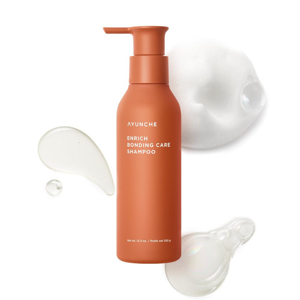 AYUNCHE Enrich Bonding Shampoo bottle closeup highlights bond-strengthening technology for resilient hair.