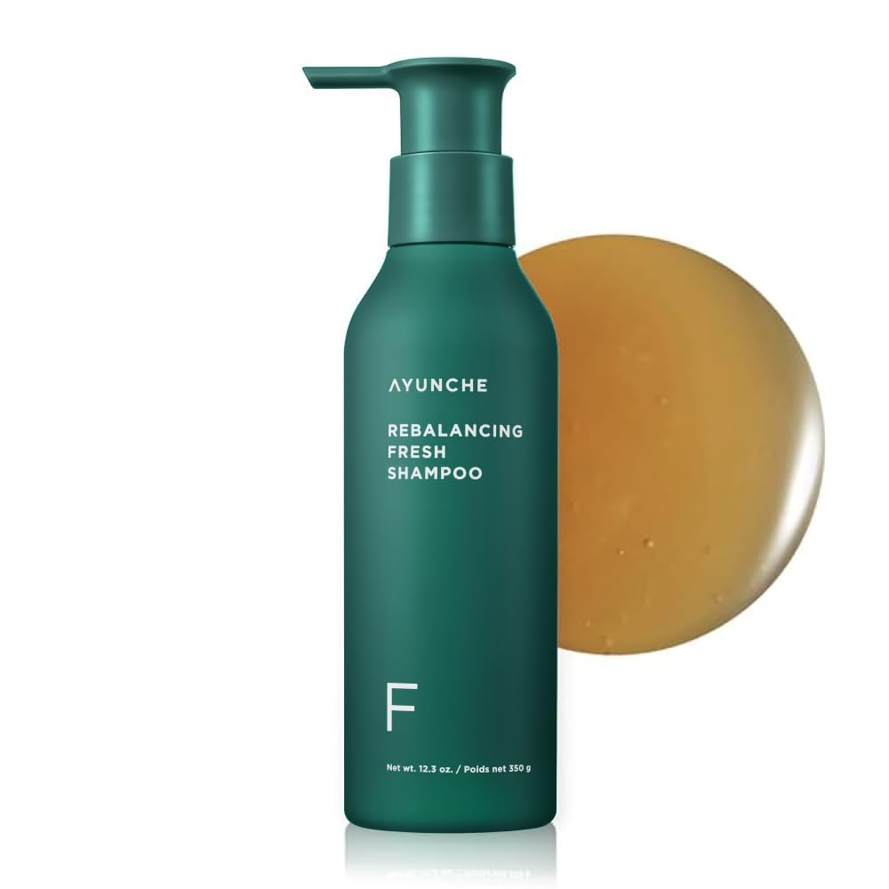 AYUNCHE Rebalancing Shampoo bottle closeup balances an oily scalp.