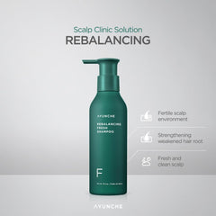 AYUNCHE Rebalancing Shampoo with green tea extract strengthens hair roots.
