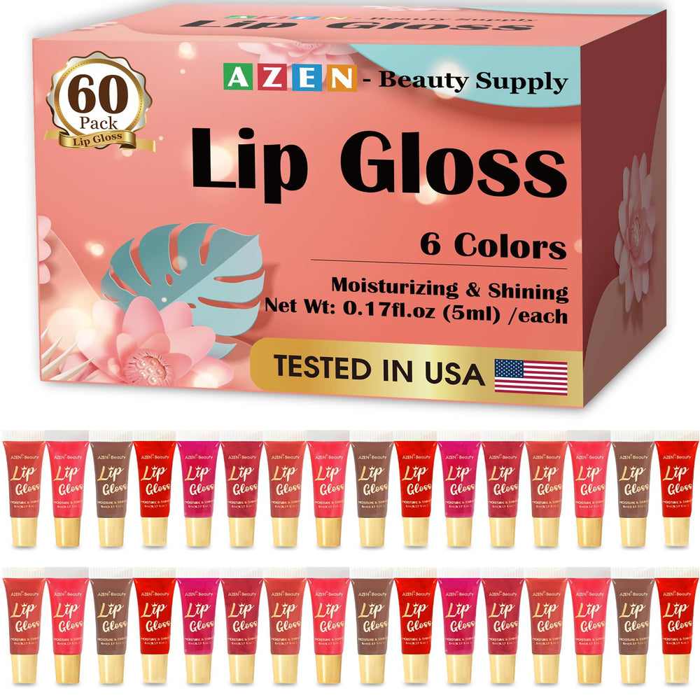 AZEN 60-pack lip gloss set packaging showcases a gift-ready kit for colorful lips.