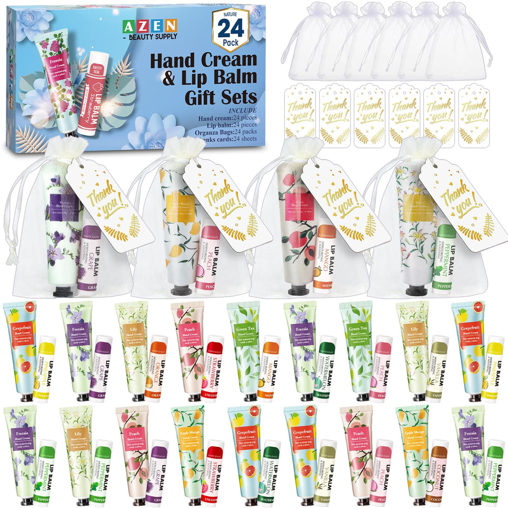 AZEN bulk gift set with hand cream and lip balm for weddings in organza bags.
