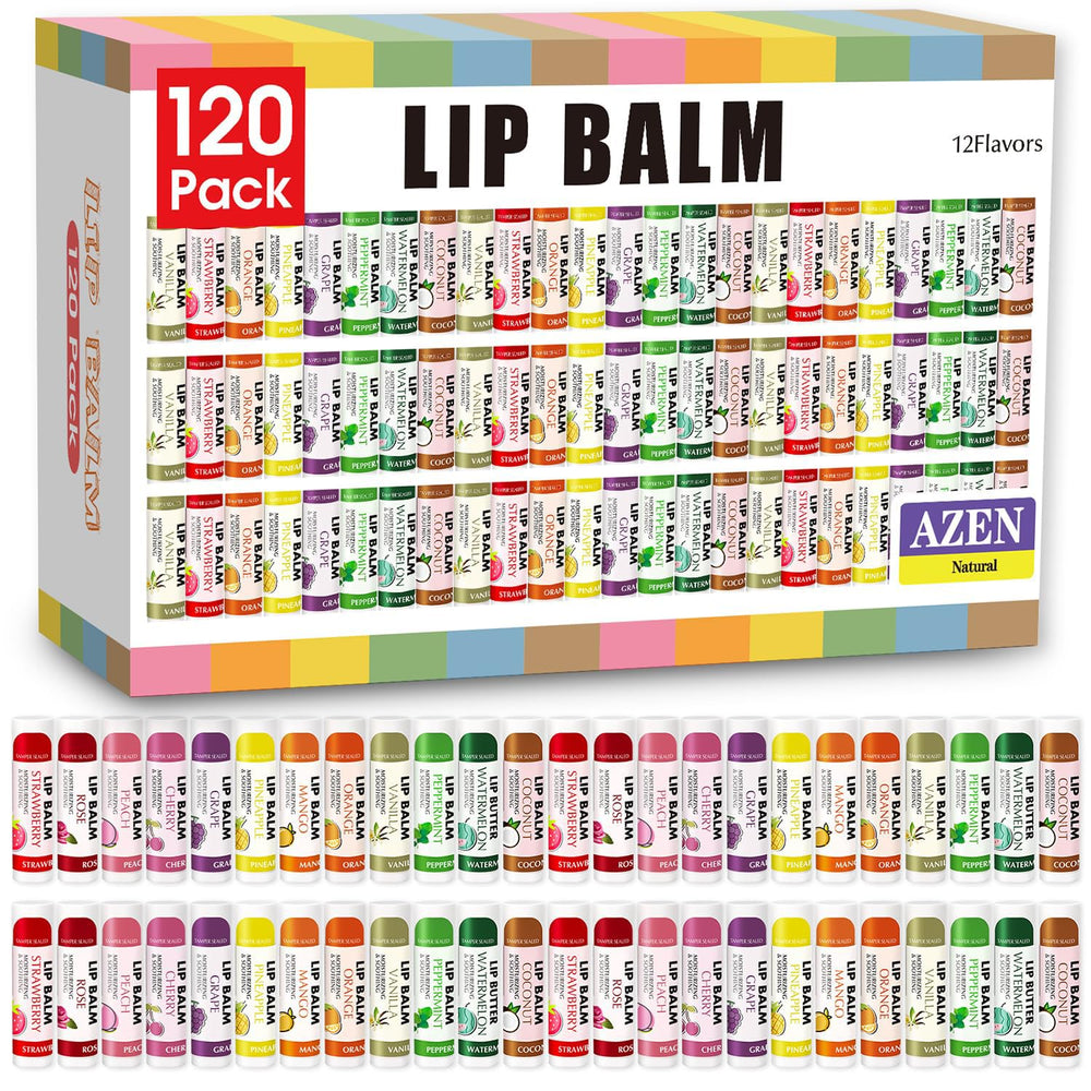 AZEN lip balm 120-pack bulk display showing assorted flavors for daily moisture