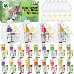 AZEN 50-set bundle shows hand creams and lip balms with organza bags for wedding favors.