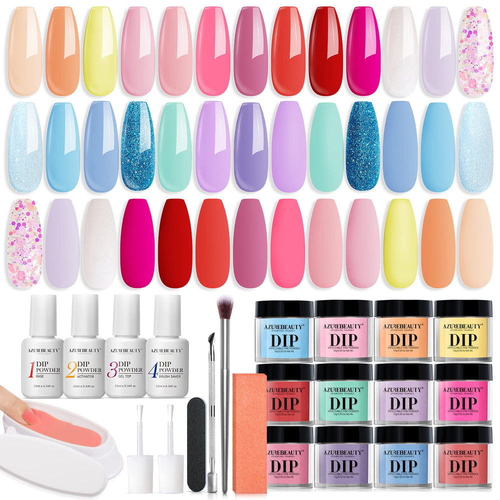 AZUREBEAUTY dip powder kit collection shows pastel shades for salon-quality nails at home.